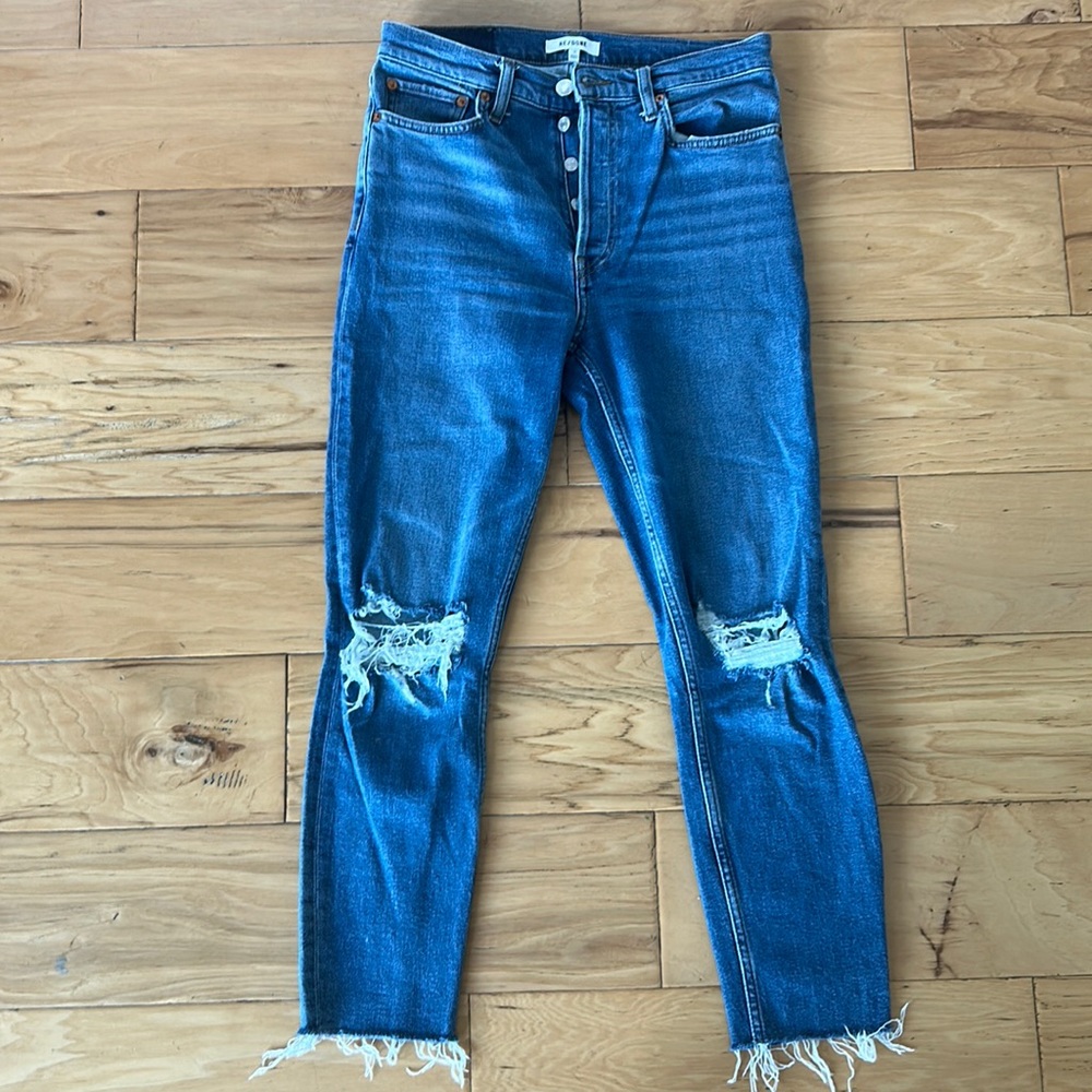 Re/done Comfort Stretch High Rise Ankle Crop - Dusk Destroyed Sz:28